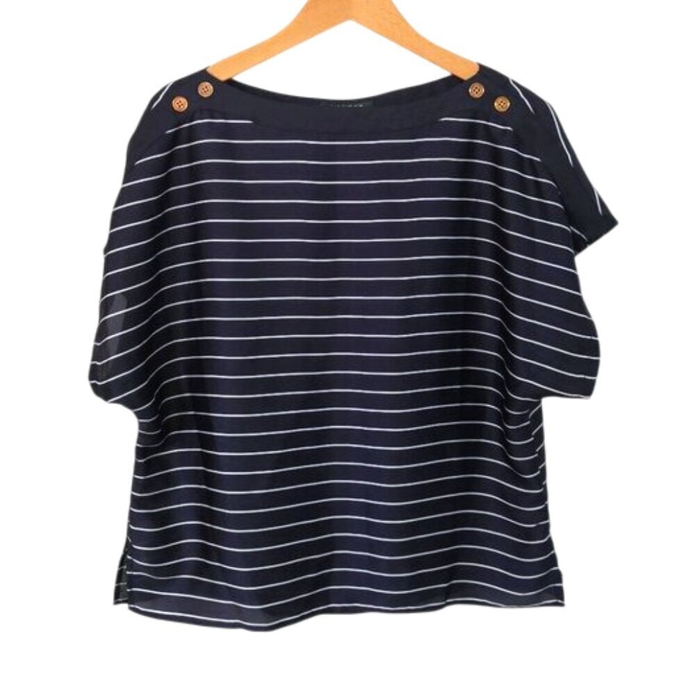 New LRL Women’s Pull Over Short Sleeve Navy White Striped Top Size M